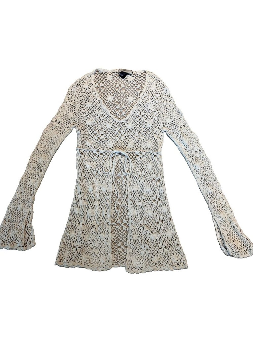 Y2K Women's Open Weave Crochet Sweater Size XS Babydoll Tie Front Fairy Coquette